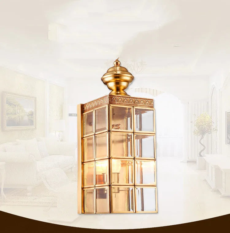 Gold full copper wall lamp with glass shade, E27 fitting, 130 x 410 x 150 mm, for balcony courtyard