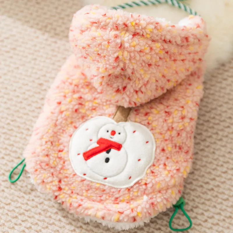 Green snowman embroidered sherpa pet hoodie for small to medium dogs