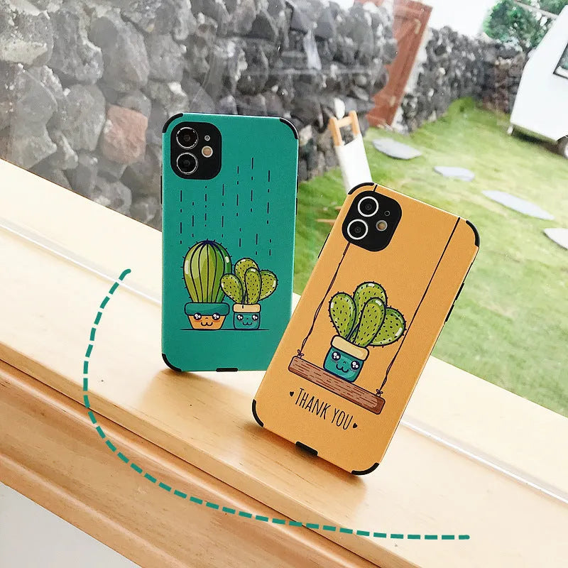 Cactus embossed iPhone case in TPU and leather, back cover in blue or khaki for iPhone 6 to 11 Pro Max.