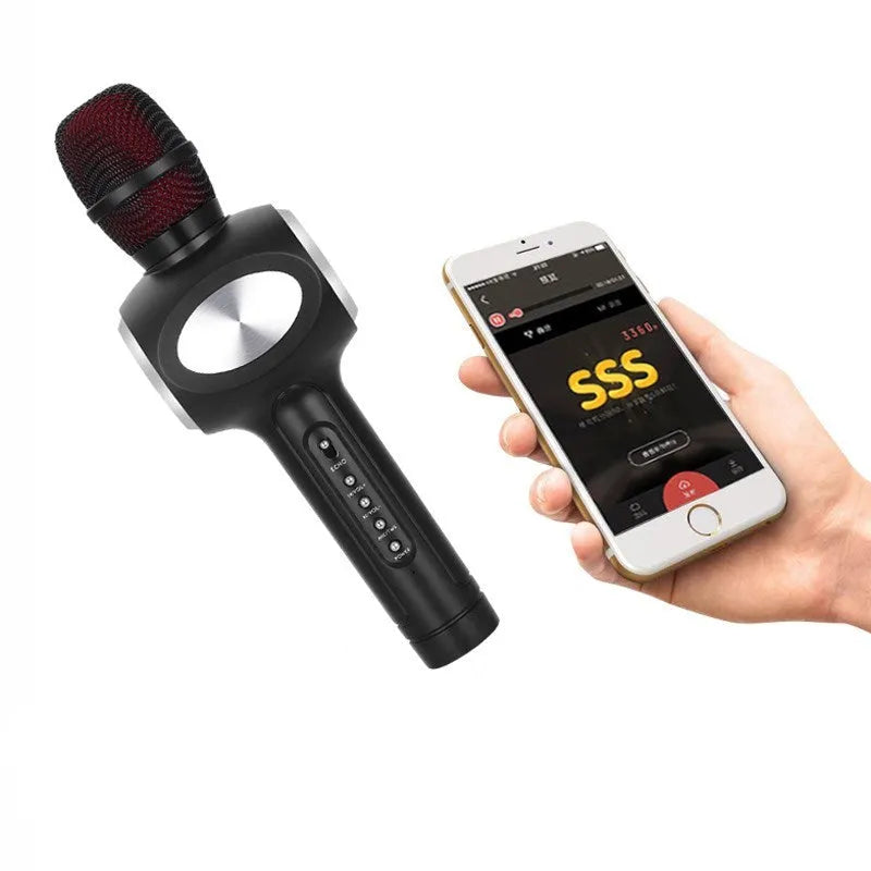 Yaerjia E108 black mobile karaoke microphone with built-in speaker grill and controls.