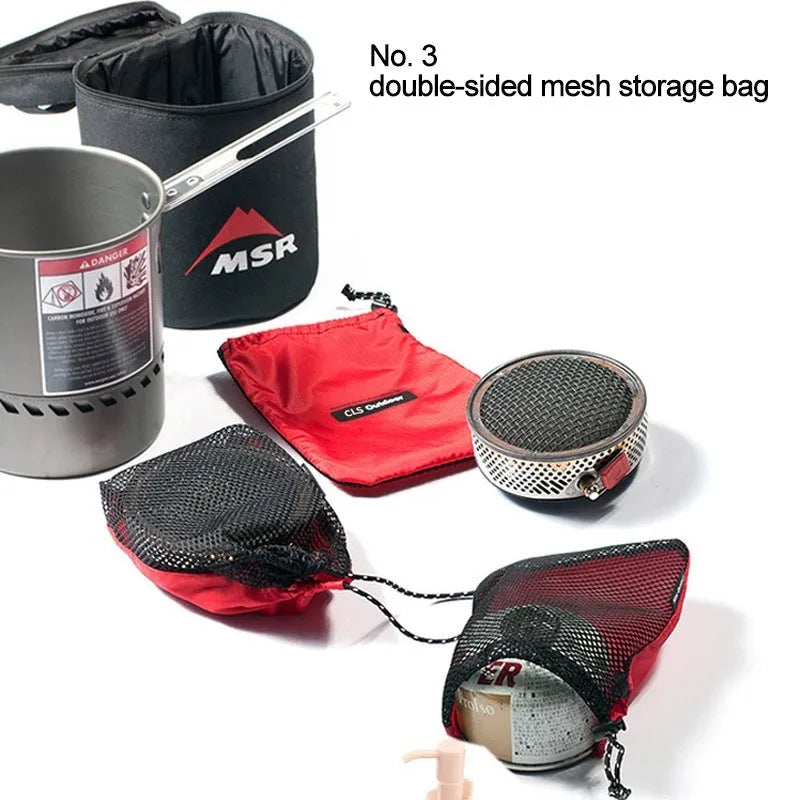 Red outdoor travel storage bag set containing five Oxford cloth and mesh organisers with zipper closures
