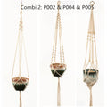 Woven wire plant pot holder in cotton rope or twine, showing desktop, wall-mounted, and hanging styles.