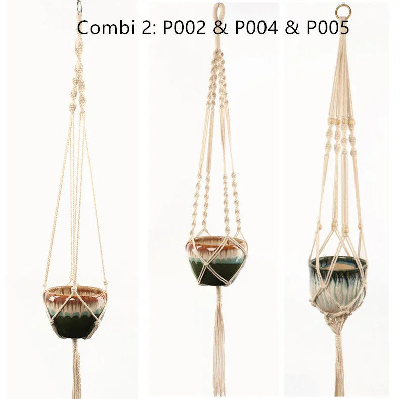 Woven wire plant pot holder in cotton rope or twine, showing desktop, wall-mounted, and hanging styles.
