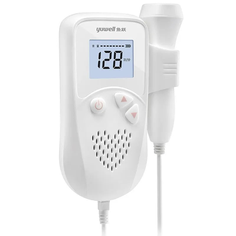 Fetal heart rate monitor with LCD screen and 2.5MHz waterproof probe on a pink background