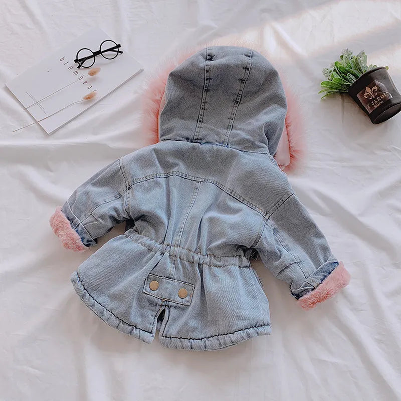 Girls denim coat with fixed hat and plus velvet lining, available in blue and pink, sizes 80cm to 120cm.