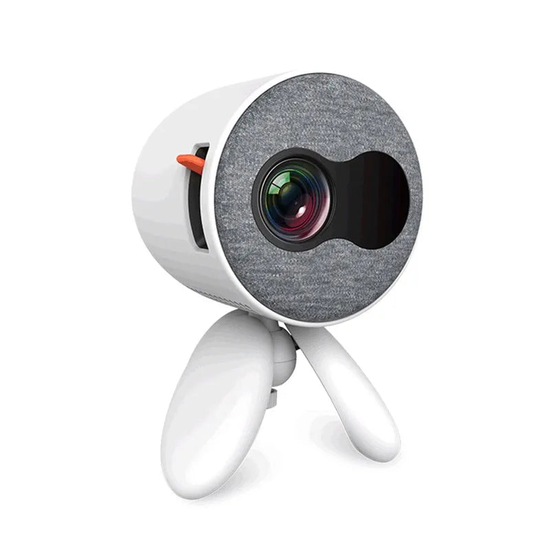 YG220 portable LED projector in white or yellow colour showing 1080P input and 24-80 inch projection size.