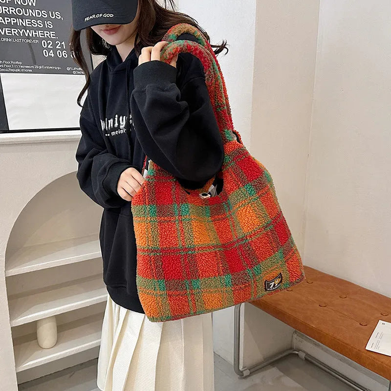 Women's soft plush plaid crossbody tote bag in army green with large capacity and internal zipper compartment