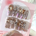 Pack of flash style false nail patches with luxury rhinestones on a card, showing jelly adhesive and tool set options.