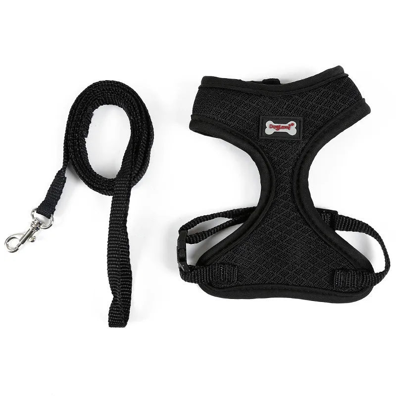 Anti-skid mesh cat harness with adjustable neck and chest, 120cm leash, black or pink