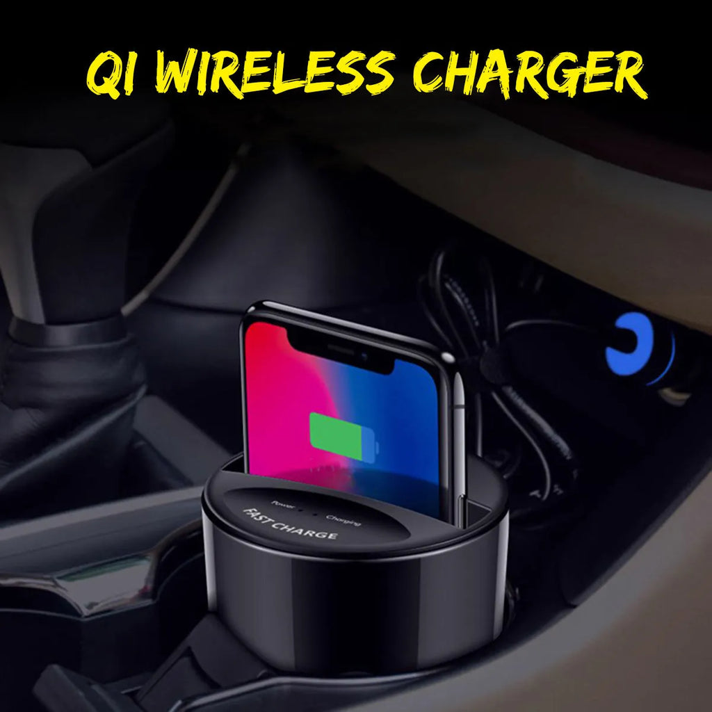 Black X9 car wireless charging cup holder mount with QI charging surface and USB/Type-C ports
