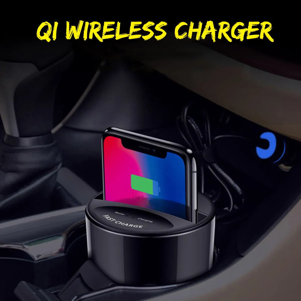 Black X9 car wireless charging cup holder mount with QI charging surface and USB/Type-C ports