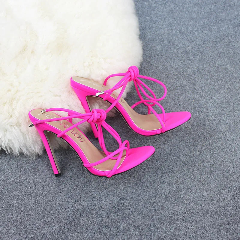 Candy bright toe strap high heels with microfiber upper and rubber sole in black, orange, rose red and yellow