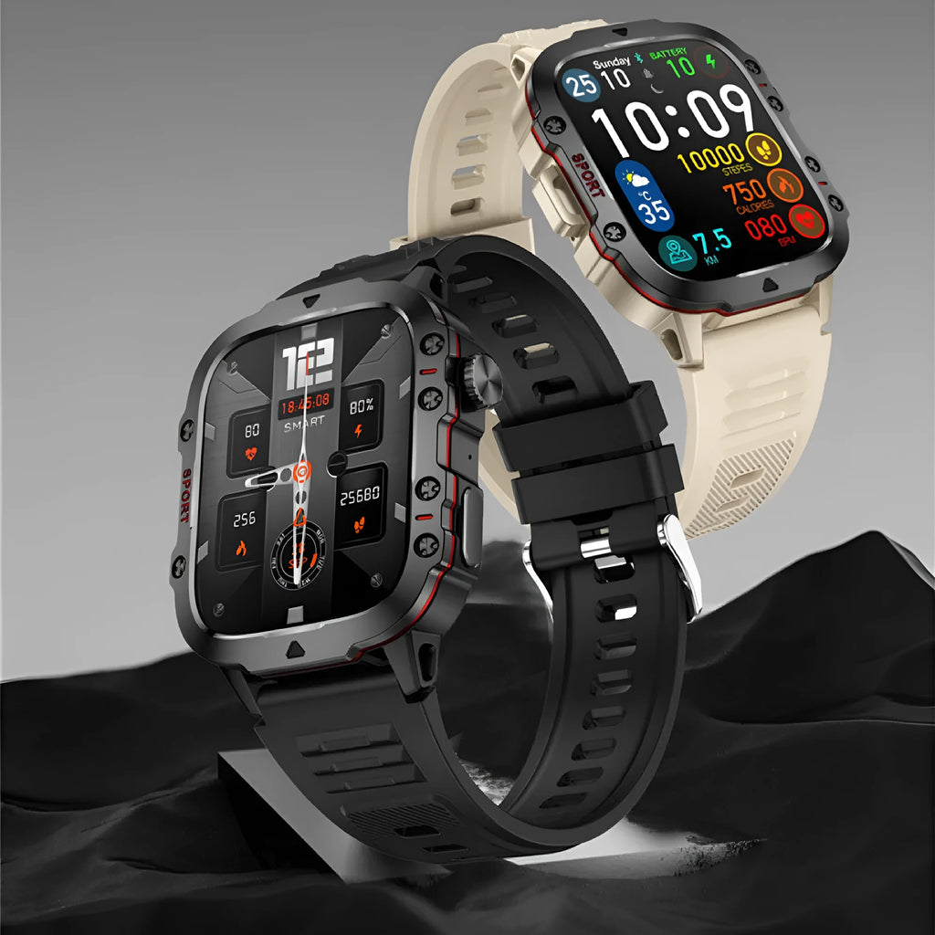 QX11 Smart Watch in black with zinc alloy case and touch screen displaying heart rate and step count.
