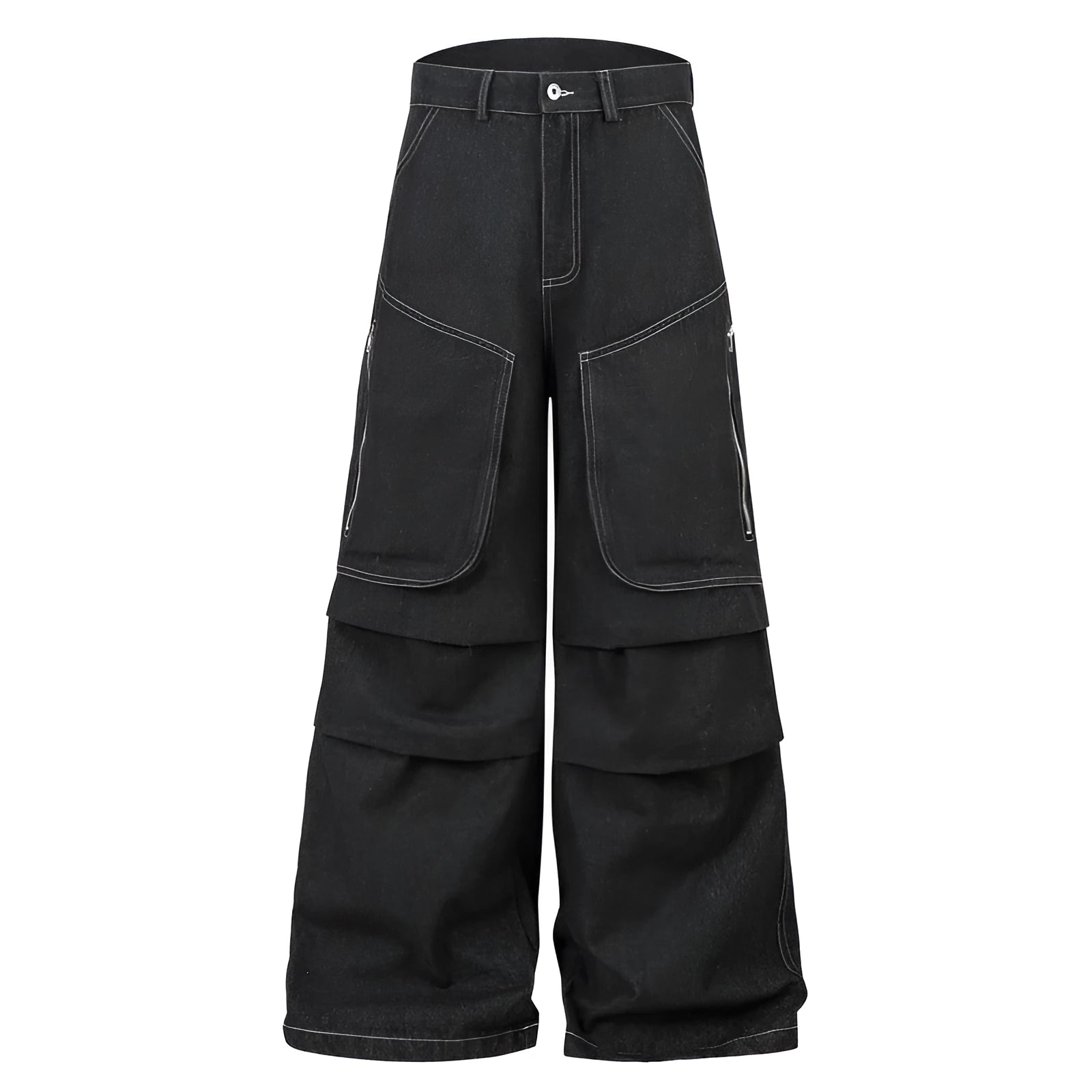 Black pleated denim jeans with multiple pockets, shown on a hanger.