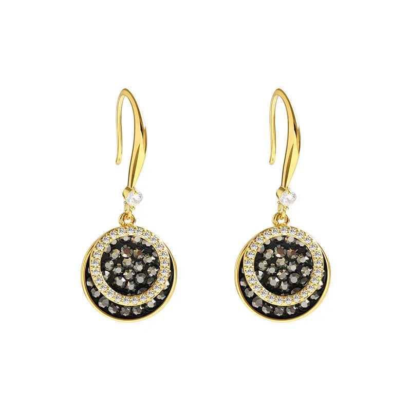 Black geometric round piece alloy earrings with retro Hong Kong style, 3.6cm length