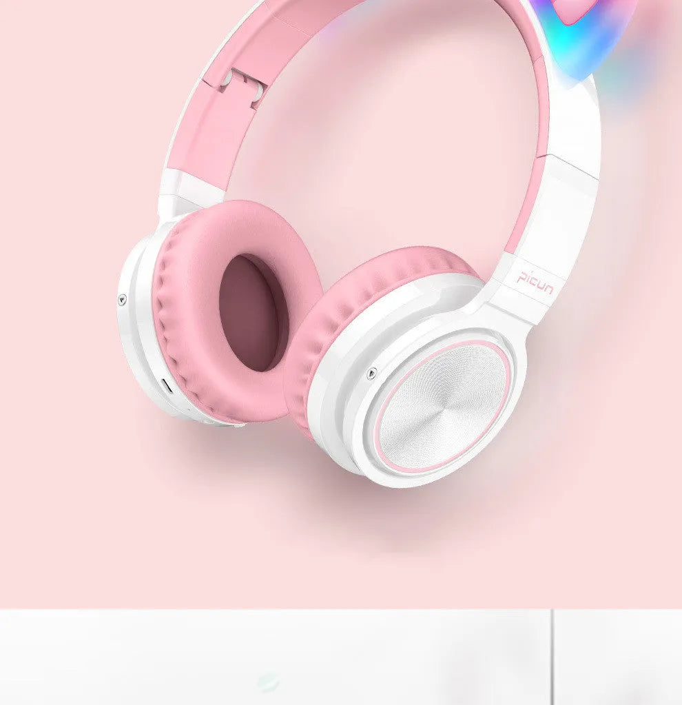 Pink and white luminous Bluetooth wireless headset with head-mounted design and 40mm speakers