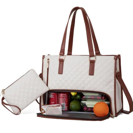 Women's quilted 2-in-1 lunch tote bag 42x32cm in black artificial leather with matching purse and crossbody strap