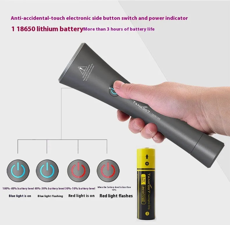 Black aluminium alloy UV flashlight with 1W LED and USB Type-C charging port