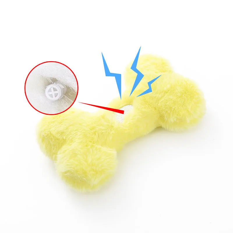Blue love bone shaped plush dog toy with squeaker for interactive biting and chewing play