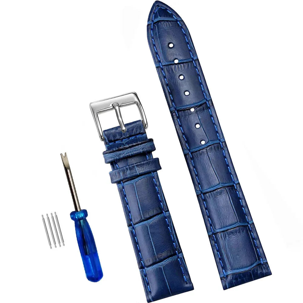 Blue genuine leather watch strap with bamboo cowhide finish and silver stainless steel pin buckle on a neutral background