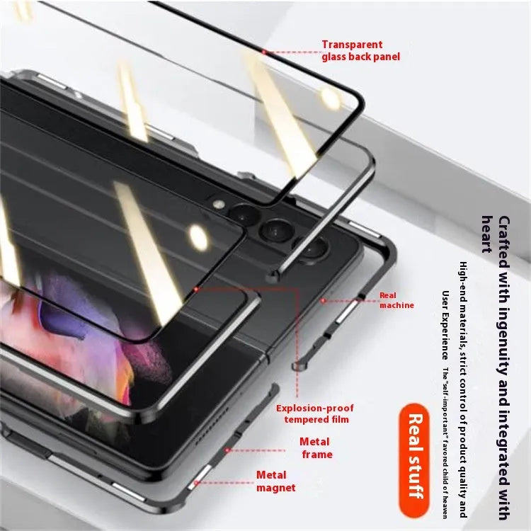 Magnetic suction fully wrapped glass phone case for Samsung Z Fold 2, 3, and 4, in HD silver colour