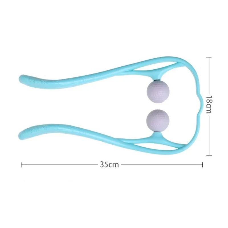 Plastic hand-held neck and shoulder massager with adjustable stand in pink, blue, or green colour.