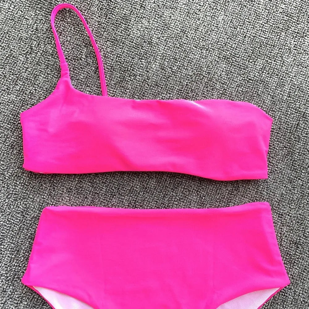 Summer bikini two piece spandex swimsuit in green and rose red for women