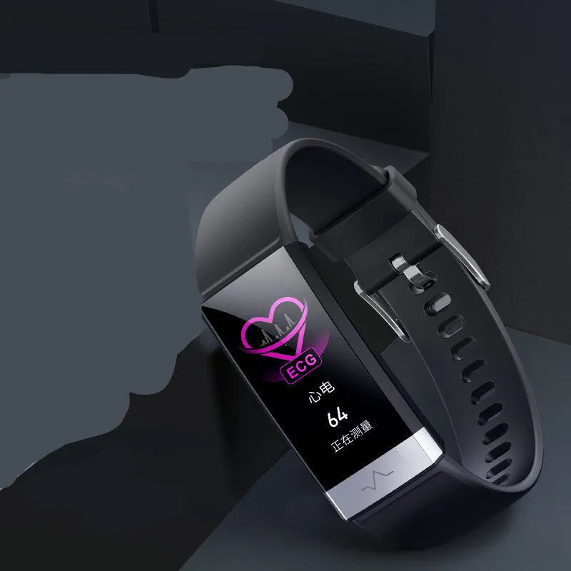 V19 smart fitness bracelet in black, showing display with health metrics on a wrist.