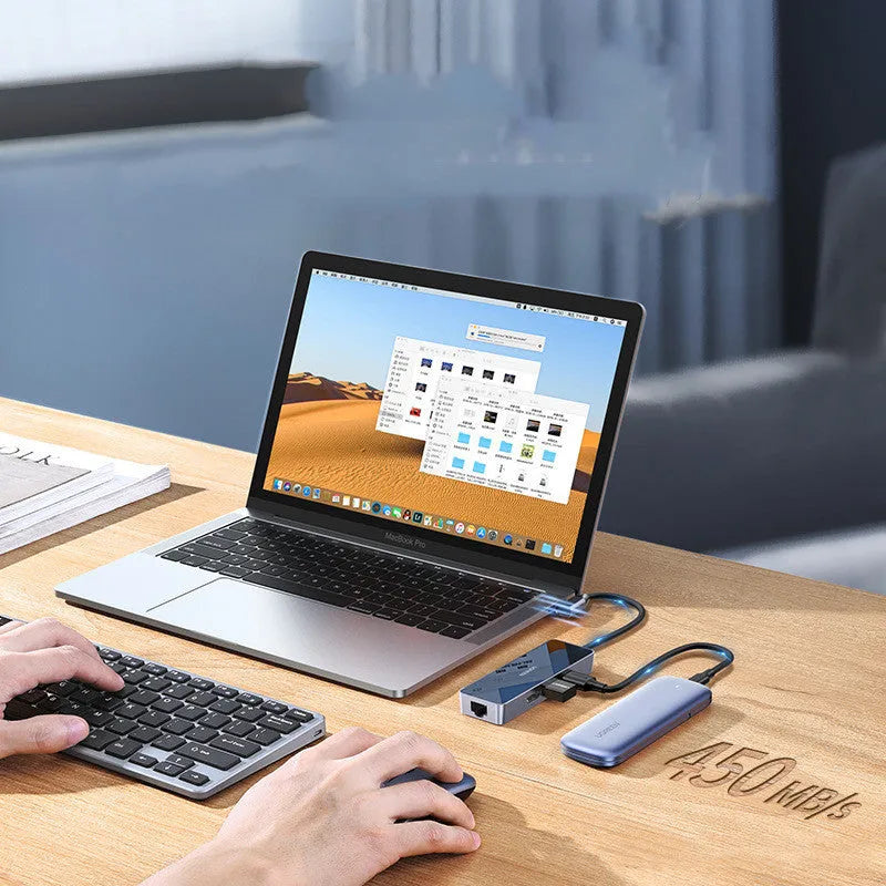 Space gray multi-function USB 3.0 adapter with HDMI, Gigabit Ethernet, and dual USB 3.0 ports on 0.2m cable