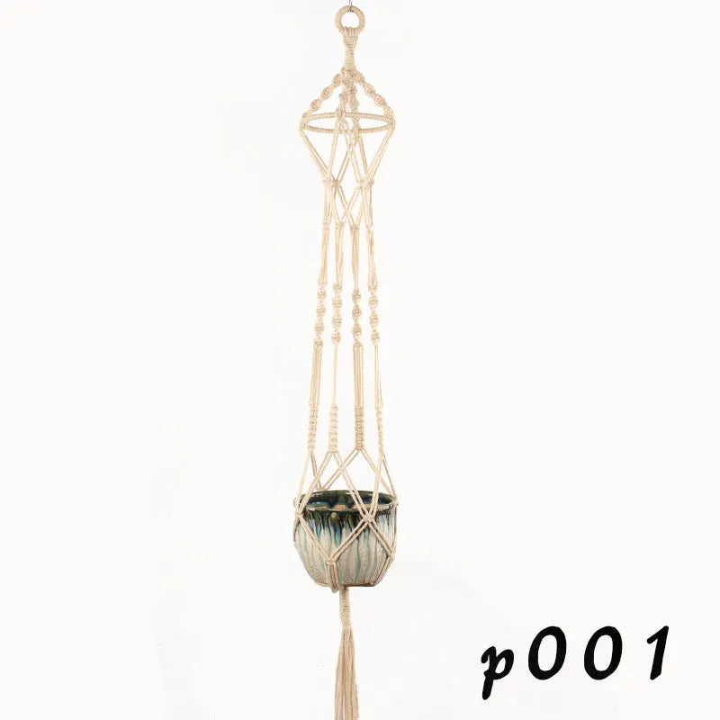 Woven wire plant pot holder in cotton rope or twine, showing desktop, wall-mounted, and hanging styles.