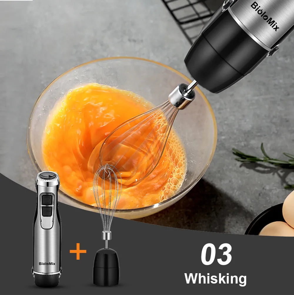 Biolomix 4-in-1 hand blender with stainless steel shaft, whisk, chopper bowl, and blending beaker in black
