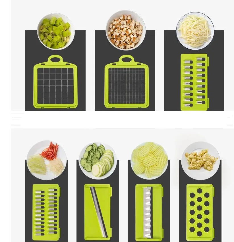 Multifunctional vegetable cutter with 7 stainless steel blades on a kitchen counter, compact 31.8 x 11.5 x 11.5 cm size