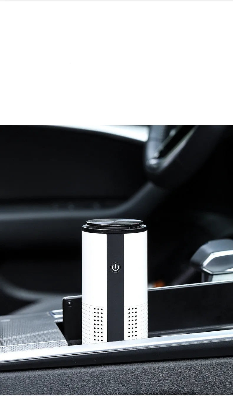 White negative ion vehicle air purifier with composite filter on car dashboard, USB and car power supply