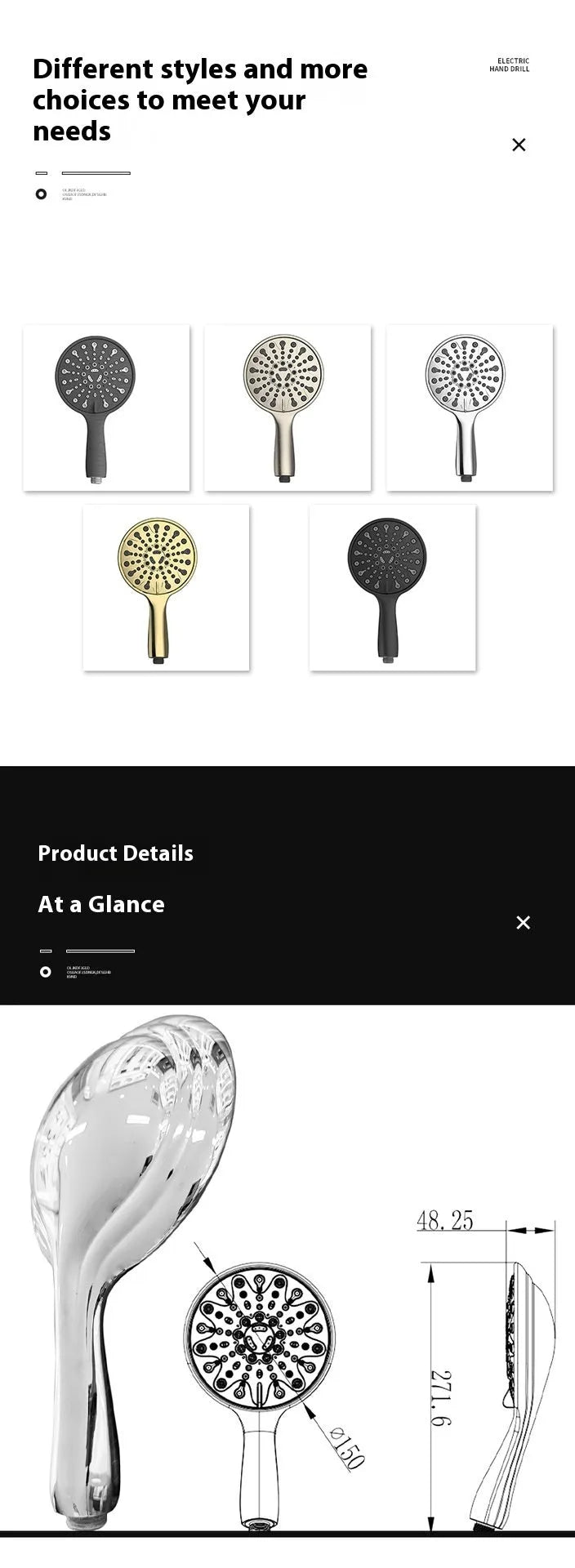 A six-inch silver electroplated handheld shower head with multiple spray function settings.
