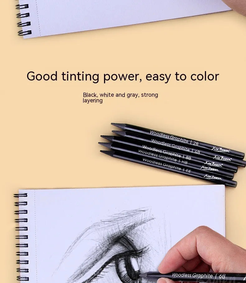 Set of six wood-free graphite sketching pencils with HB, 2B, 4B, 6B, 8B, EE gradings for art.