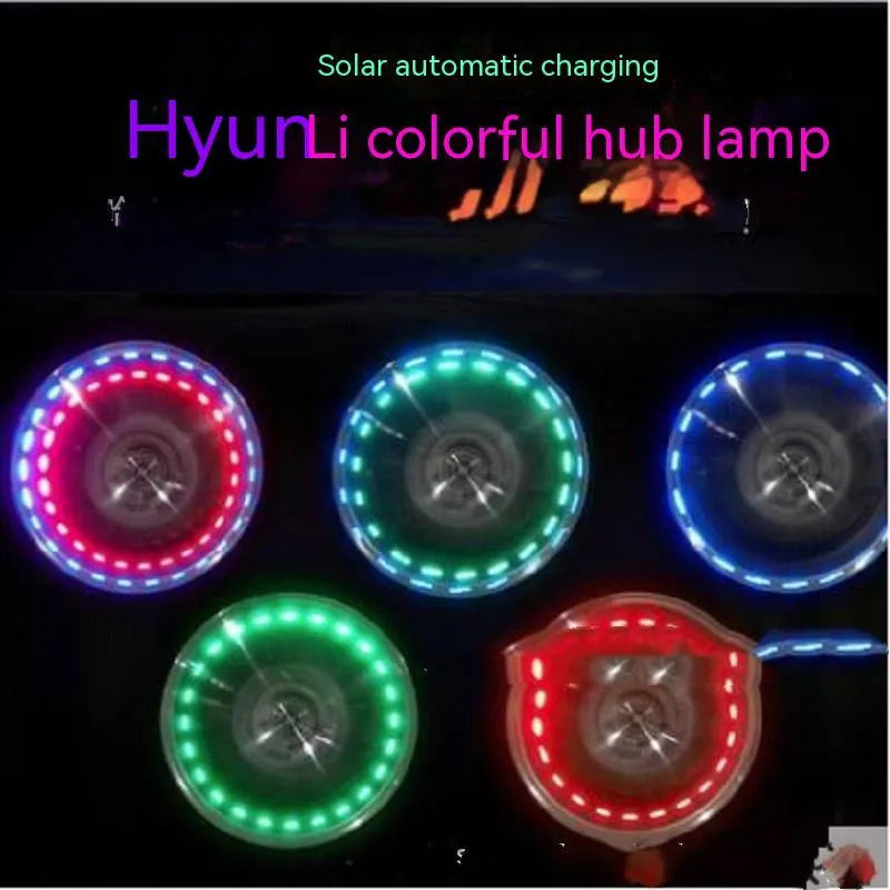 Solar-powered valve stem light for car and motorcycle wheels with colour changing LEDs.