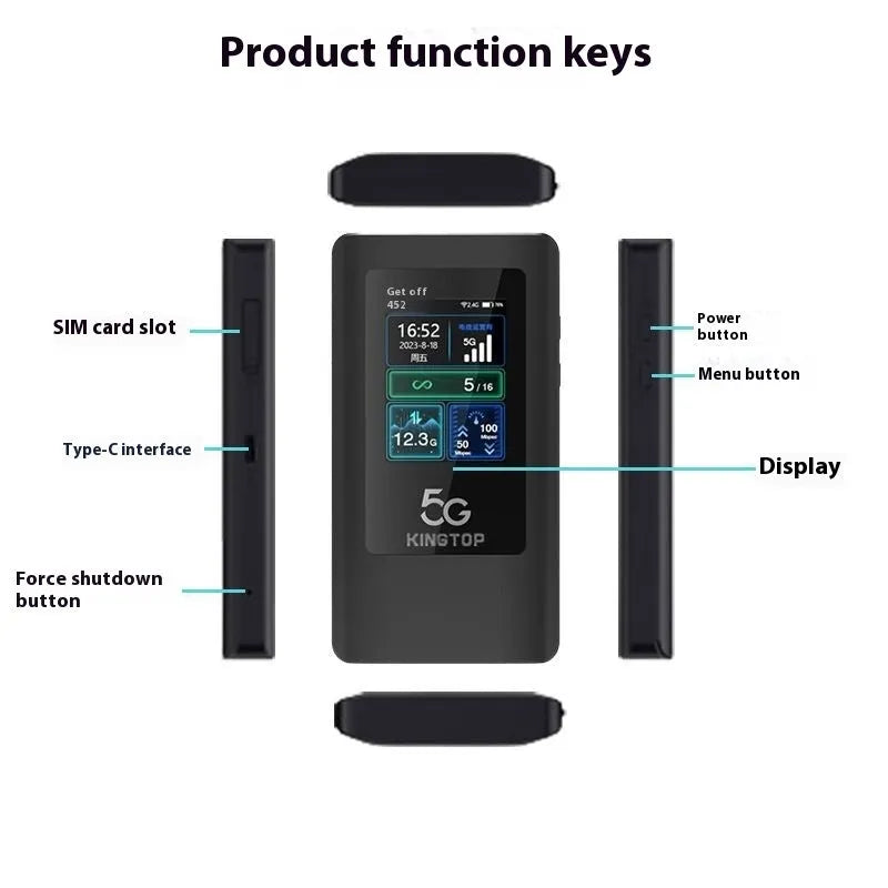 Black portable 5G Wi-Fi router with LCD display, 4400mAh battery, and USB-C port