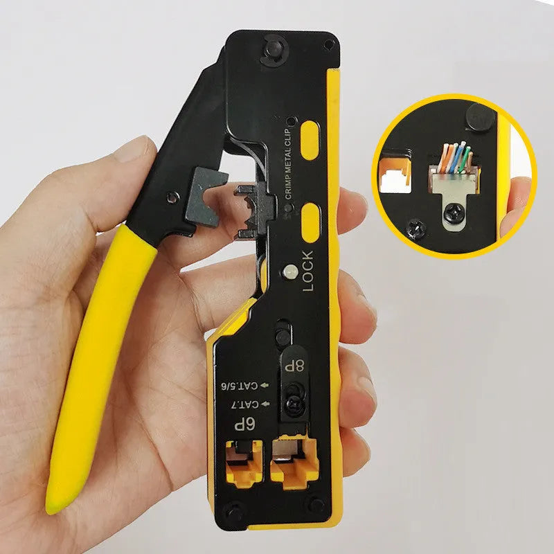 Black and blue plastic metal RJ45 network cable crimper with non-slip handle and security lock