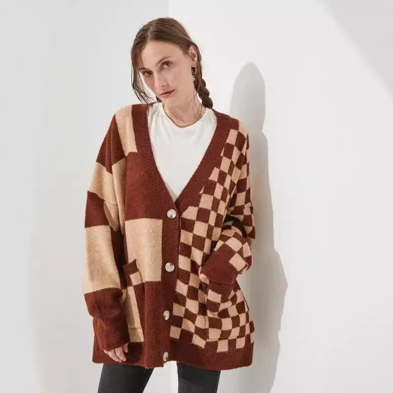 Women's loose fit printed checks pattern knitwear cardigan in polyester-spandex fabric