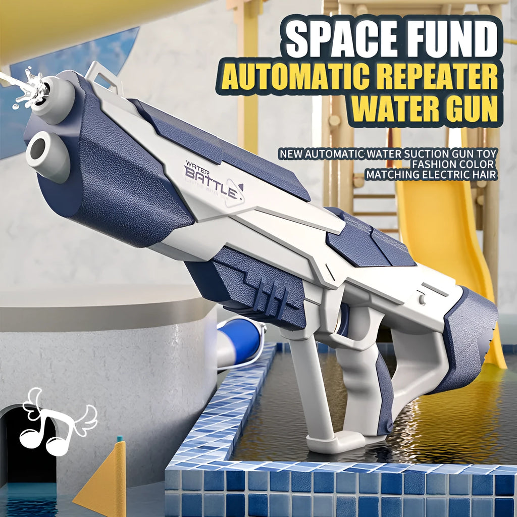 Blue electric water gun with USB charging port and automatic water absorption system