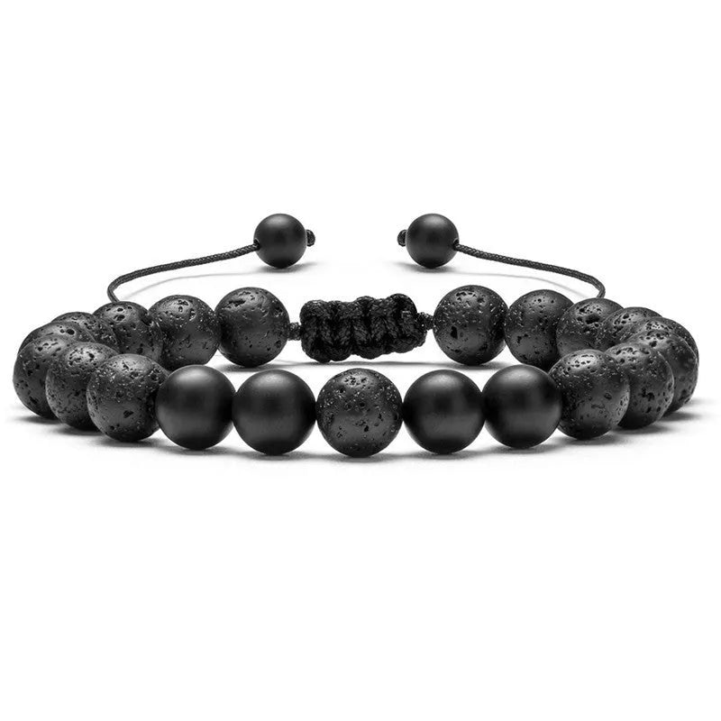 Matte black agate couple bracelets with geometric beads in individually packaged presentation