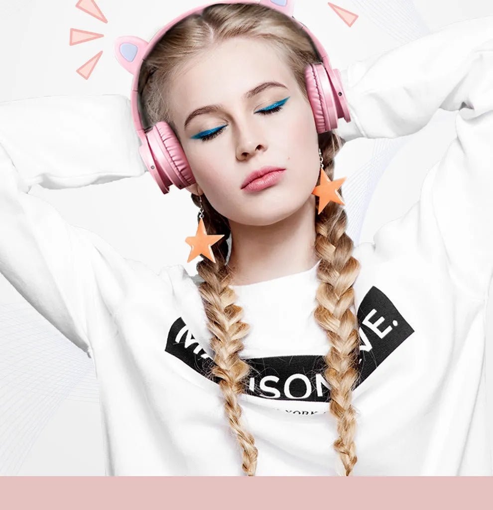 Pink and white luminous Bluetooth wireless headset with head-mounted design and 40mm speakers