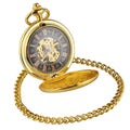 Retro automatic mechanical pocket watch with floral print dial and transparent back in gold colour.