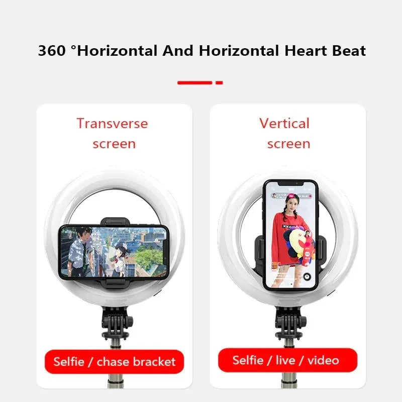 Black selfie stick tripod with 5 inch ring fill light, aluminium alloy pole, and Bluetooth remote for phones 4.0-6.2 inches