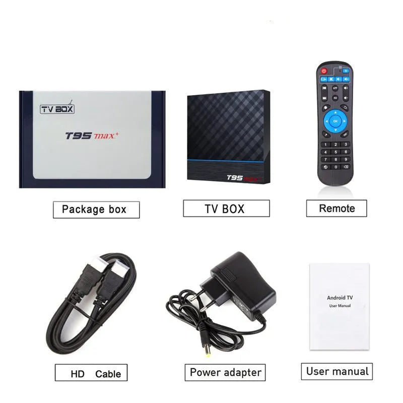 Black T95 Max Plus Android Smart TV Box with remote control on a wooden surface.