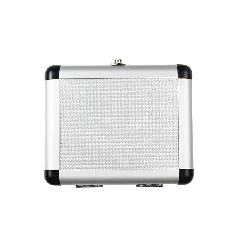 Gold aluminium box with steel plate opening, 58-80mm total length, compact storage