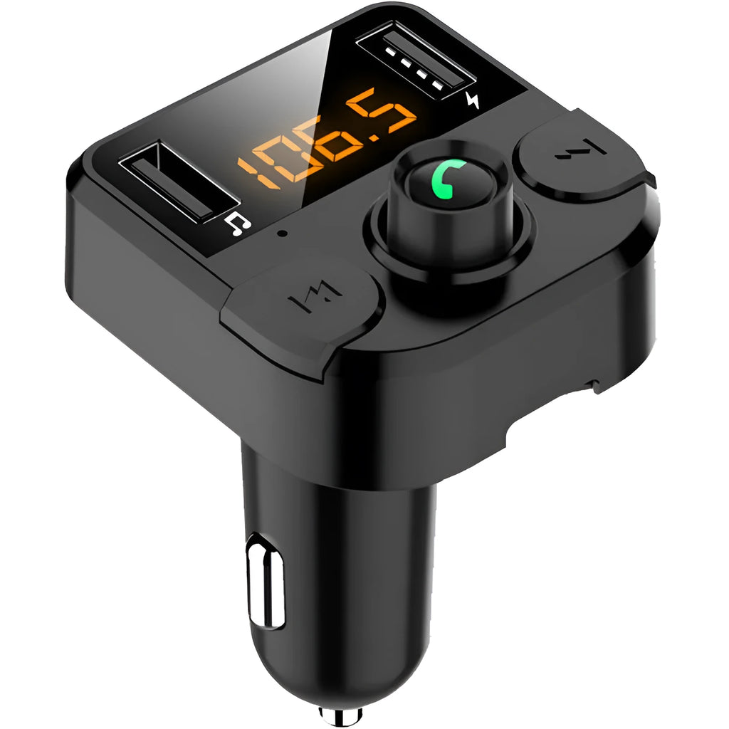 Black ABS car MP3 player Bluetooth FM transmitter with LED display and USB charging port on white background