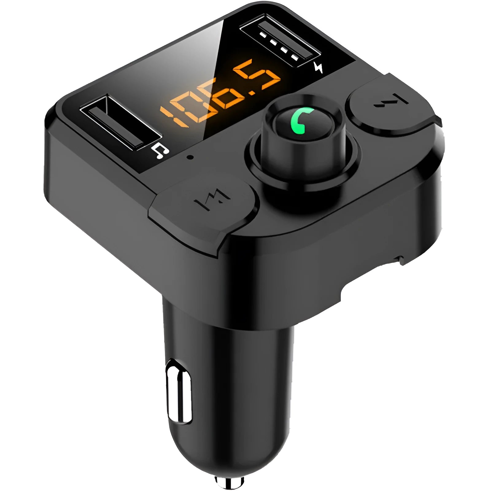 Black ABS car MP3 player Bluetooth FM transmitter with LED display and USB charging port on white background