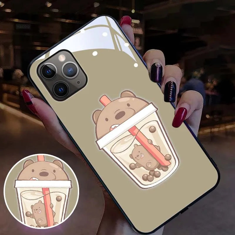 Compatible Apple iPhone LED phone case with tempered glass back glowing with pink and purple lights