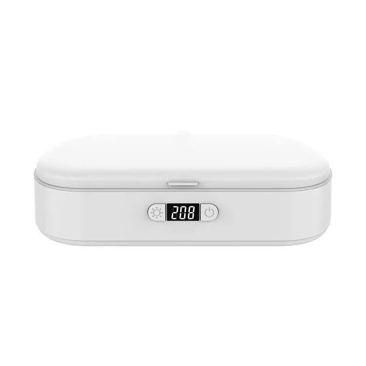 White ABS plastic wireless UV steriliser box with aromatherapy function for mobile phones and jewellery